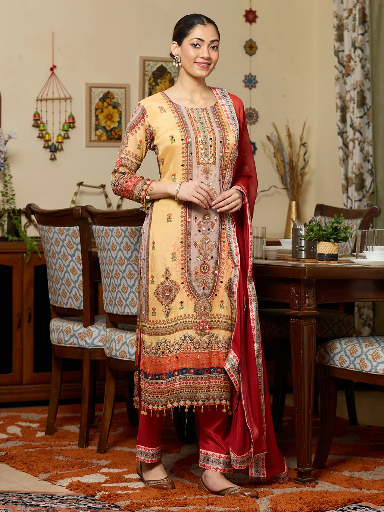 Yellow Crepe Floral Mirrorwork Straight Kurta With Pant Regular And Dupatta